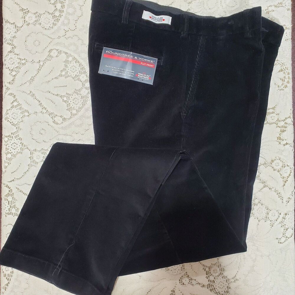 Roundtree & Yorke Pants Mens 36x34 Black Flat Front Corduroy Inno-Flex Waistband